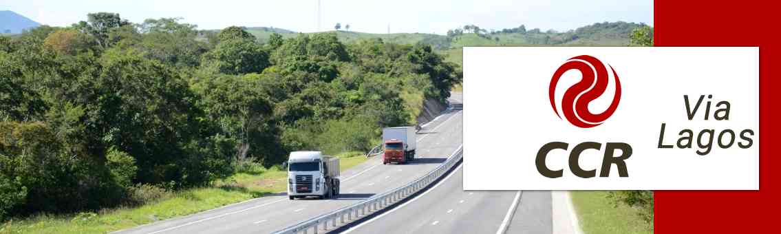 Banner com logotipo da concessionária CCR Via Lagos e estrada ao fundo